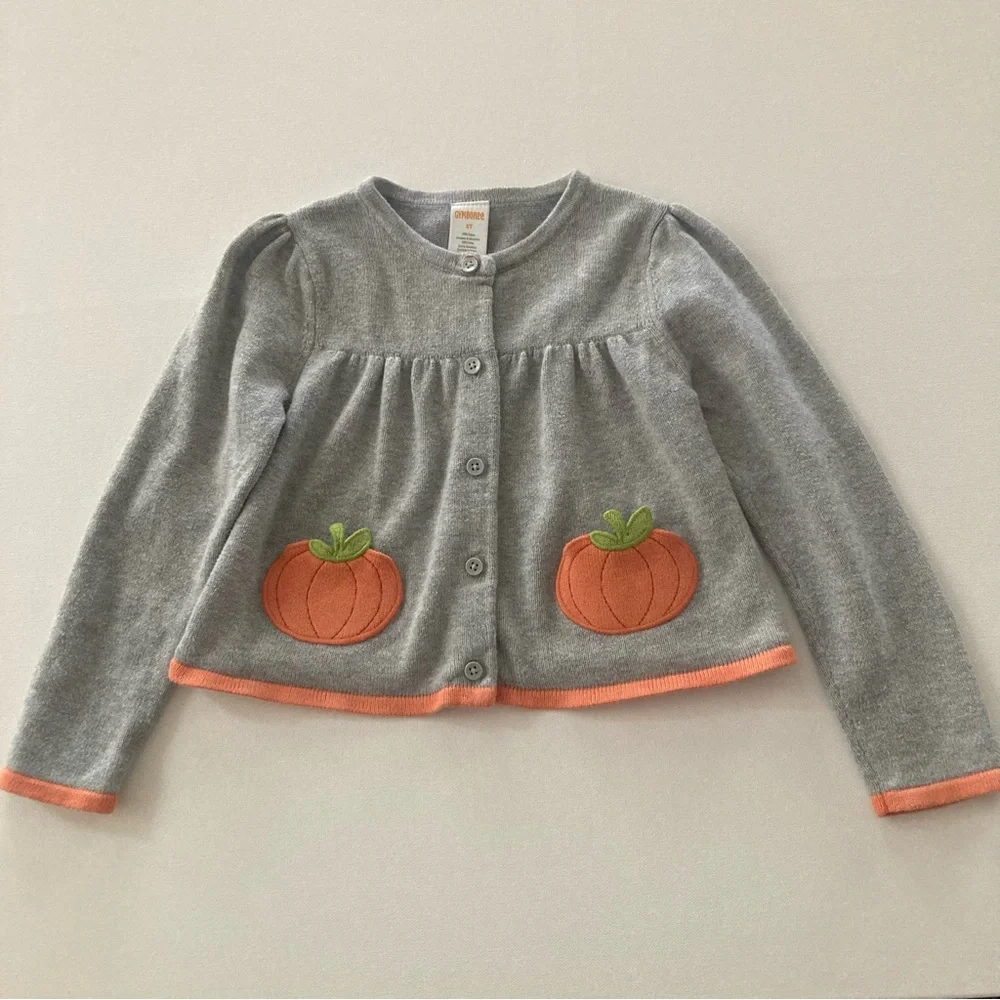 Gymboree 5T Toddler Girl Pumpkin Cardigan Sweater Fall Gray Orange